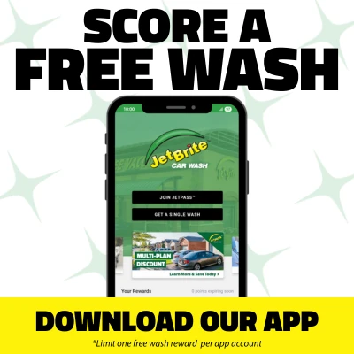 Screenshot of Jet Brite app "Score a Free Wash. Download Our App. *Limit one free wash reward per app account."